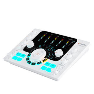 White Comica ADCaster C2 podcast mixer with illuminated buttons and colorful LED level meters on a white background.